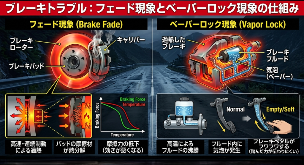 長い下り坂でブレーキまわりに熱がたまり効き方が変わるイメージ