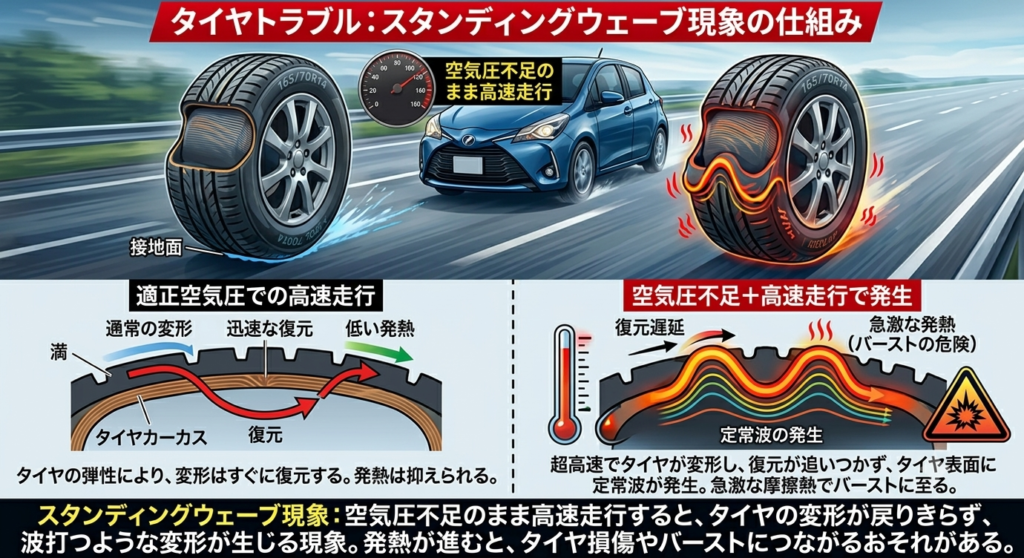 高速道路に入る前にタイヤの空気圧や傷を確認するイメージ