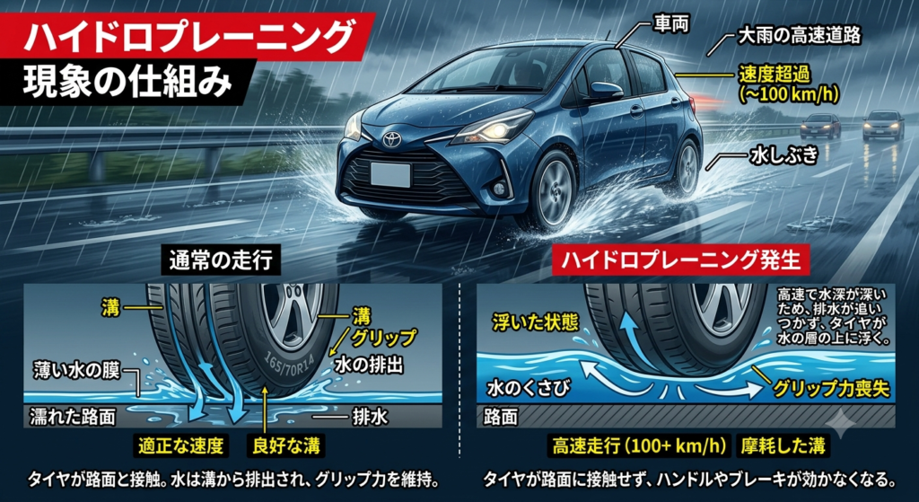 水が浮いた路面でタイヤが路面をつかみにくくなるイメージ
