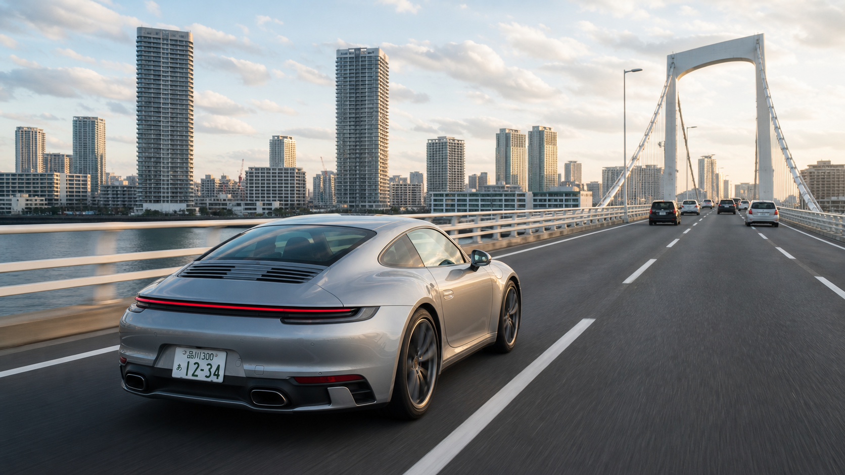 ポルシェ911で晴海方面の橋を走る実践練習イメージ