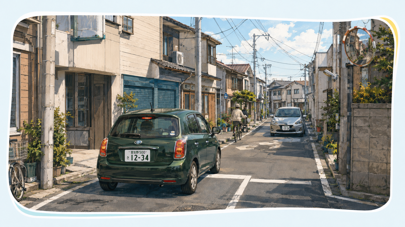浦安駅・元町エリアの細い生活道路で一時停止とすれ違いを確認する場面