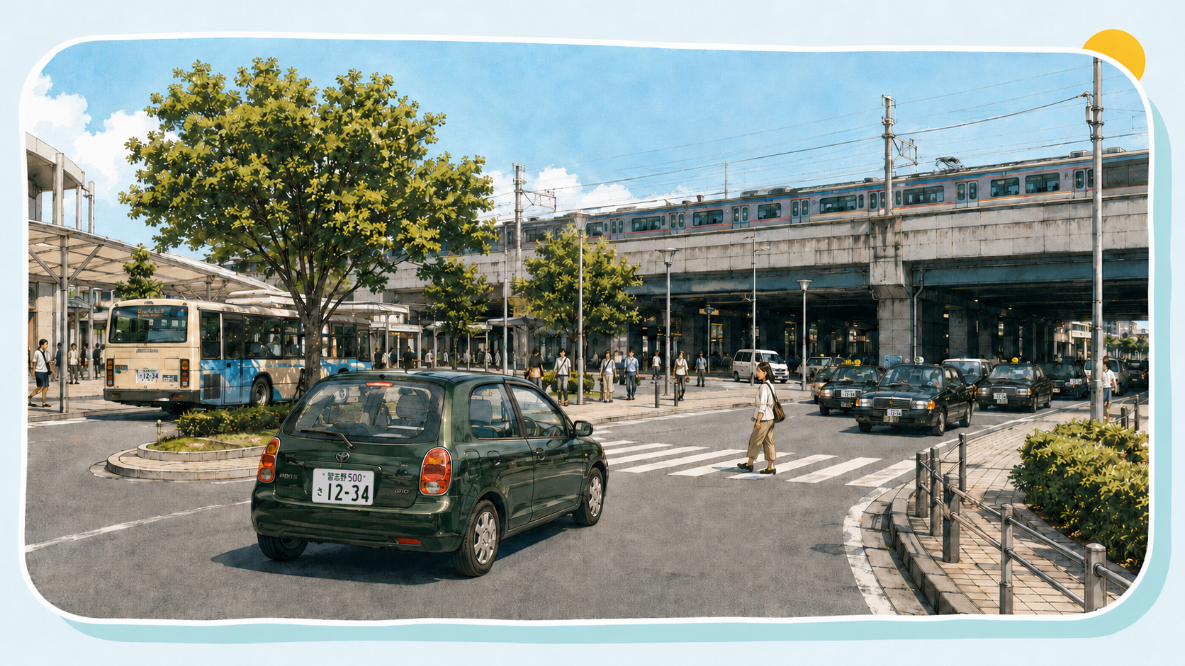 新浦安駅前ロータリーで歩行者と自転車を確認する運転場面