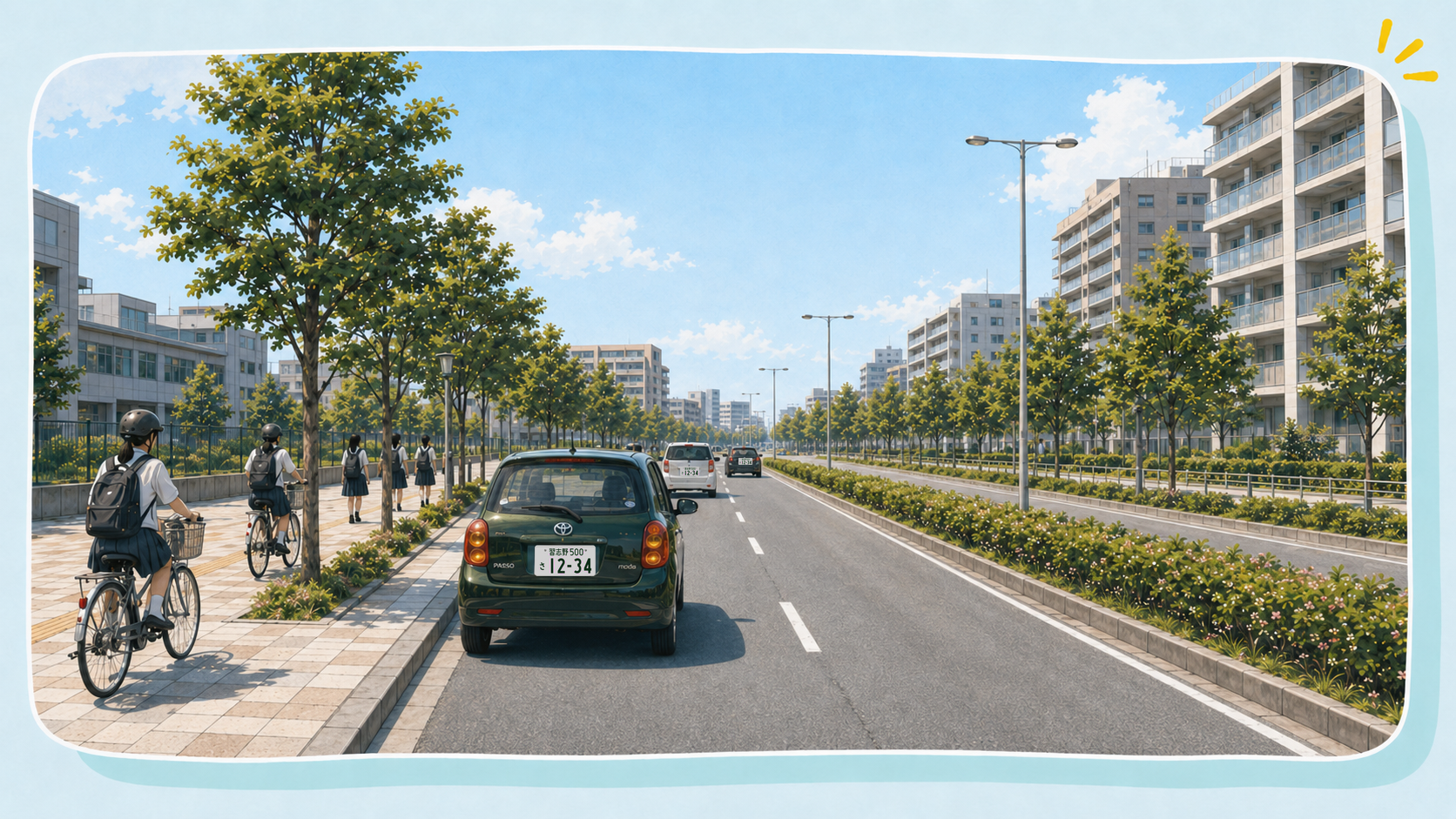 浦安市のシンボルロードで車線変更と自転車の動きを確認する場面