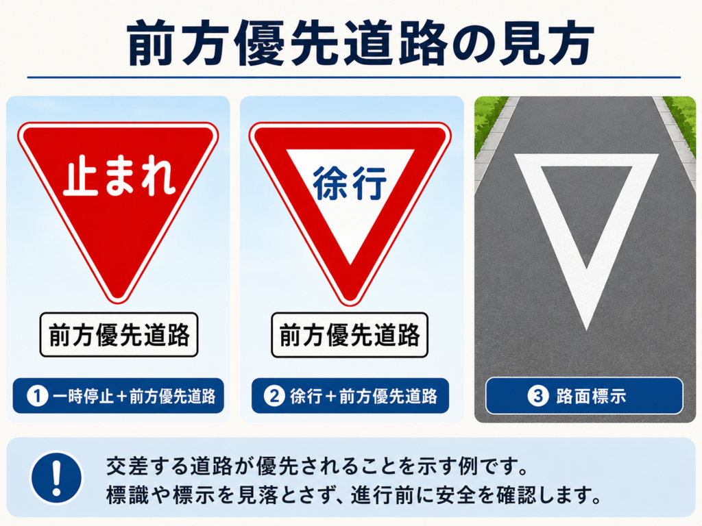 前方優先道路の標識と道路標示のイメージ