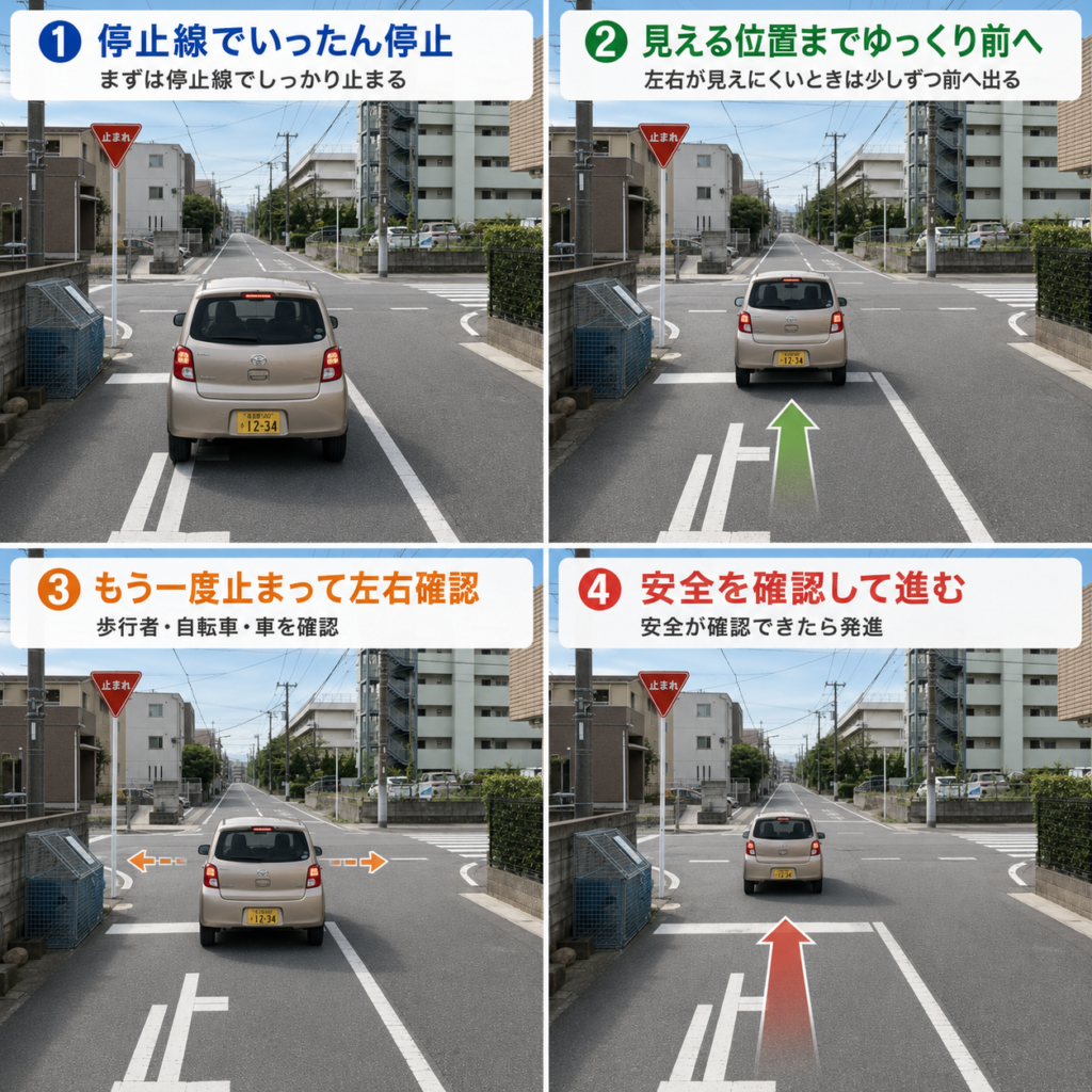 停止線から左右が見える位置まで進んで確認する多段階停止のイメージ