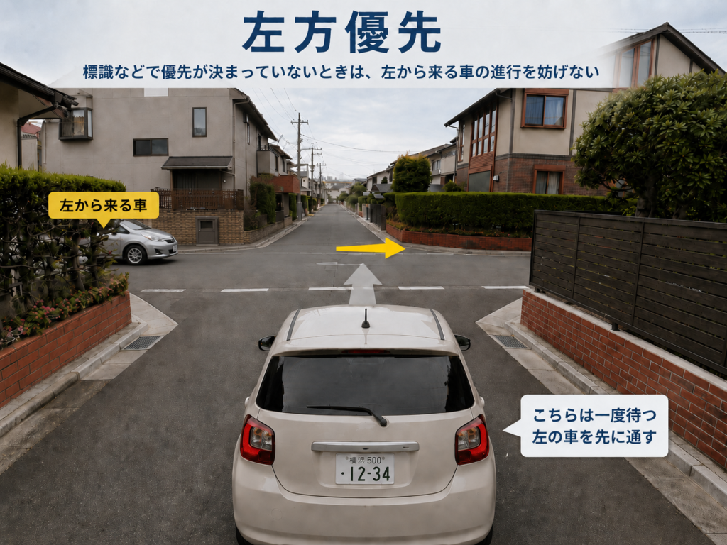 道幅が同じくらいの交差点で左方優先を確認するイメージ