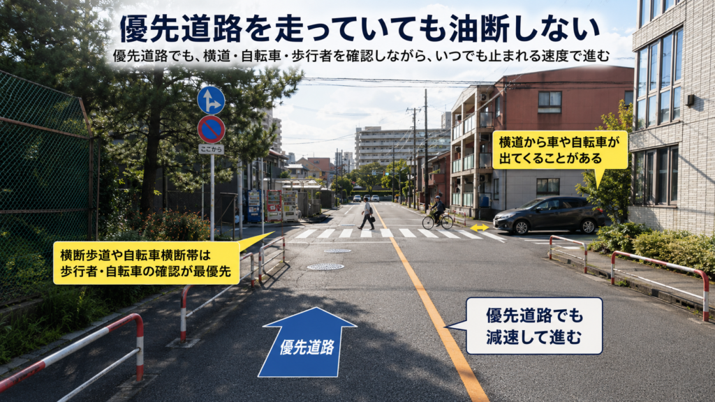 優先道路でも横道の車や歩行者と自転車を確認するイメージ
