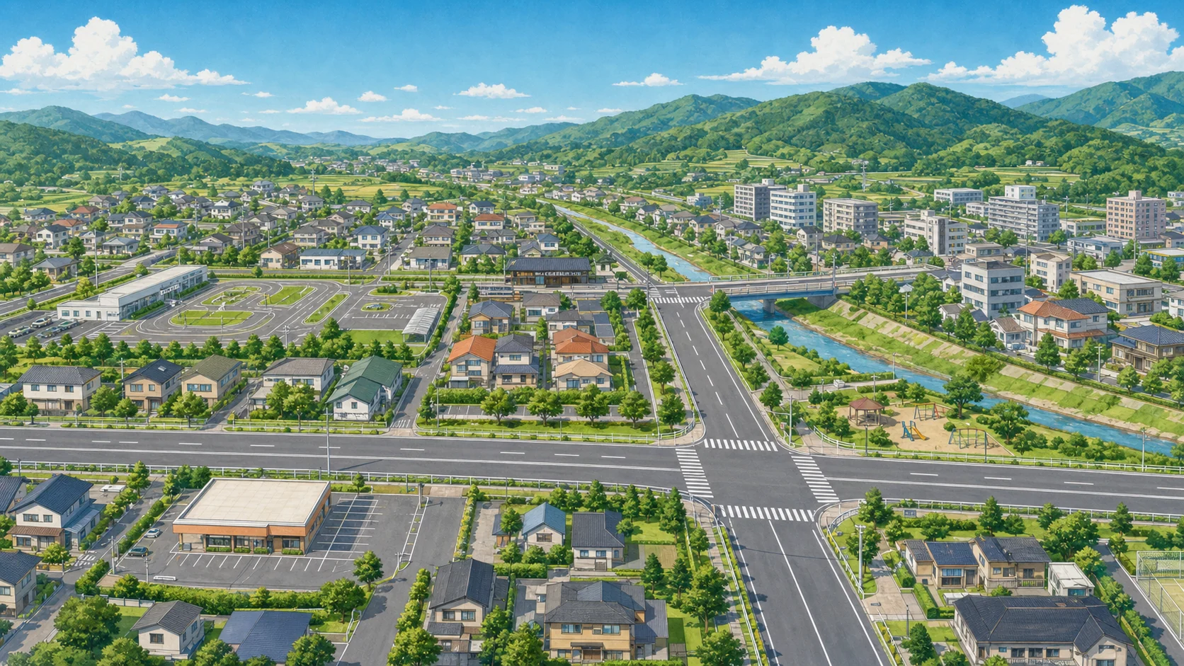 住宅街と道路が広がる街の風景