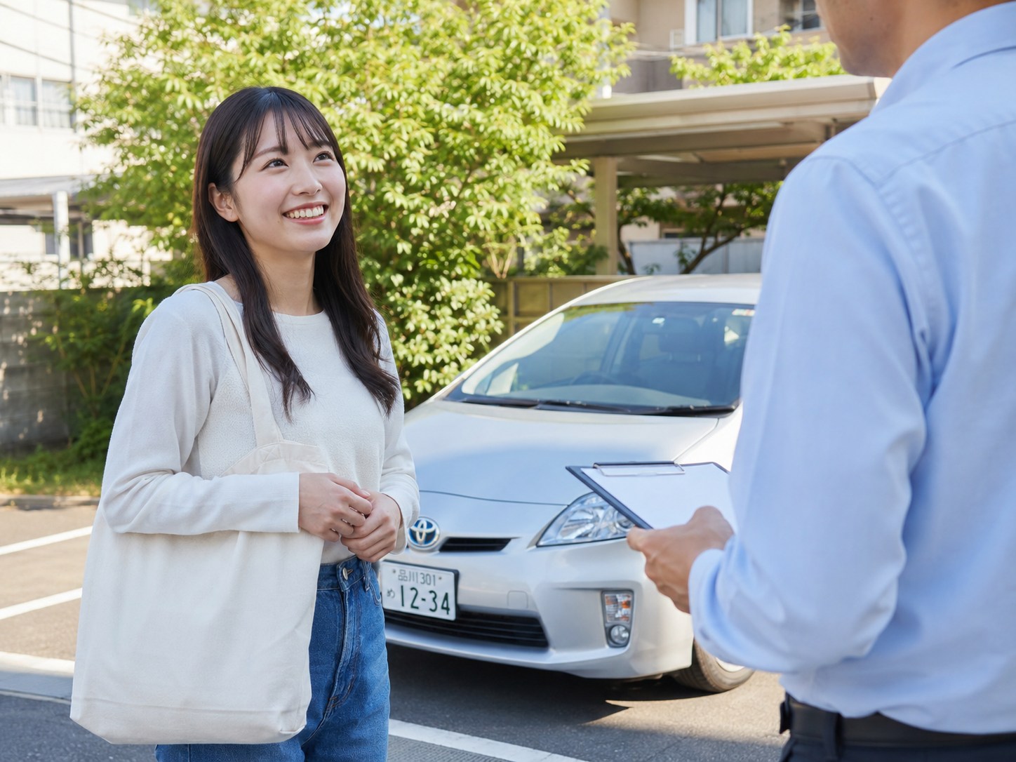レッスン後に必要な練習回数について説明を受ける女性