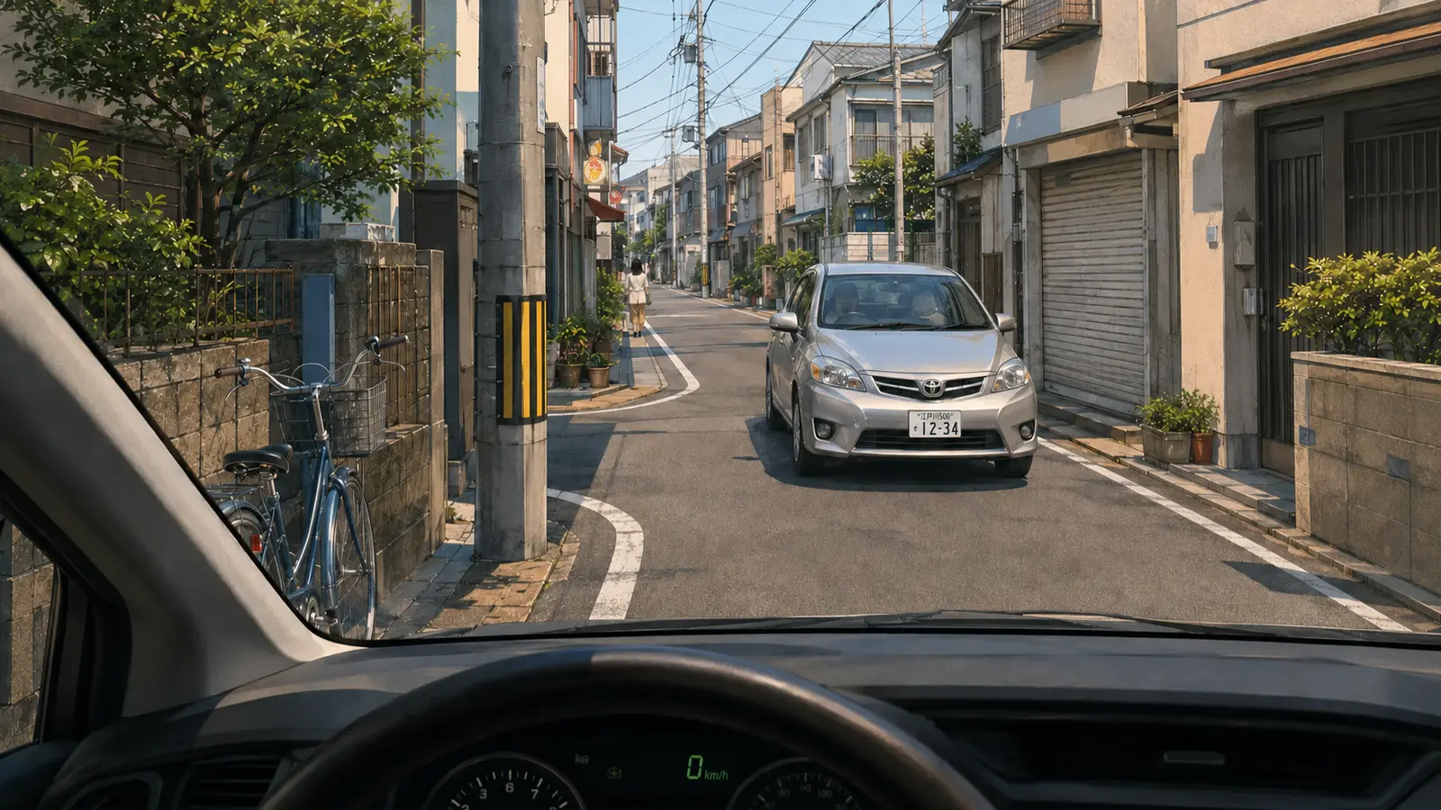 小岩・平井の細い道路で対向車を先に通すため停止している場面を描いたイラスト