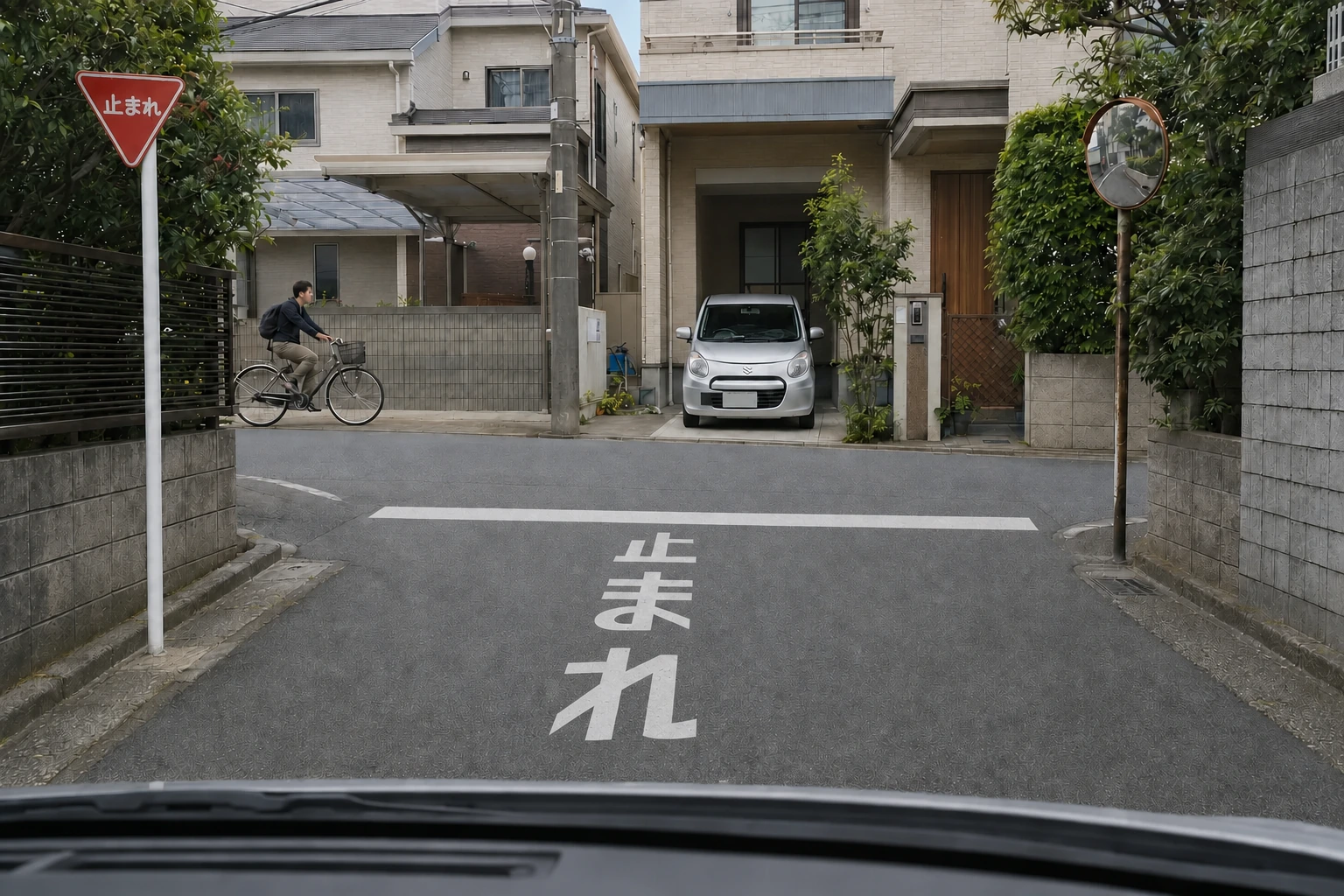 一之江・瑞江・篠崎の住宅街から広い道路へ出る場面を描いたイラスト