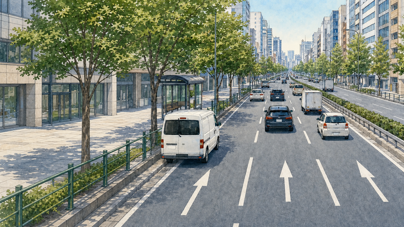 国際通り・江戸通りの停車車両と車線を描いたイラスト