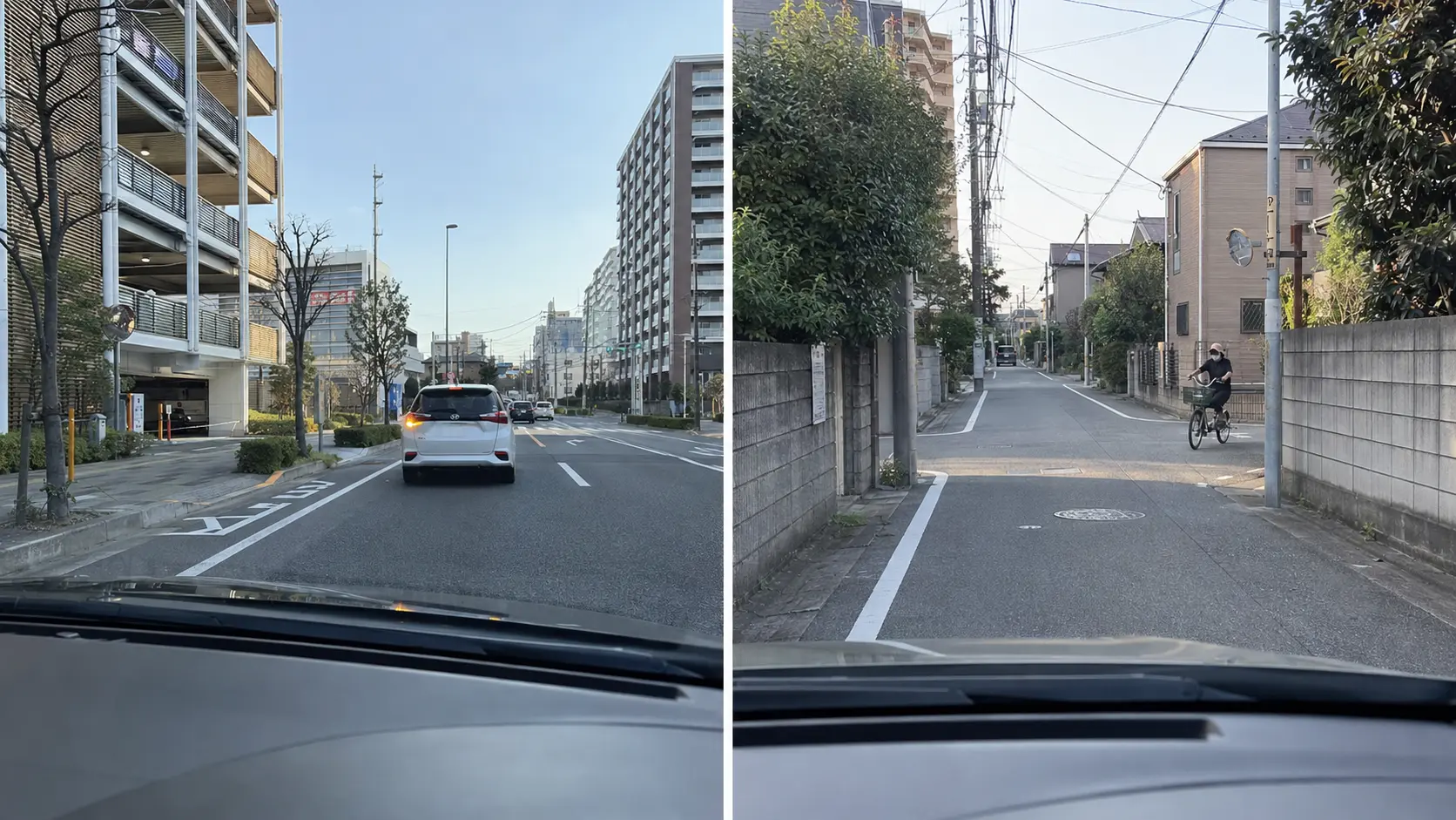新船橋の広い道路と夏見の狭い住宅街を左右に分けて比較した運転席からの道路風景