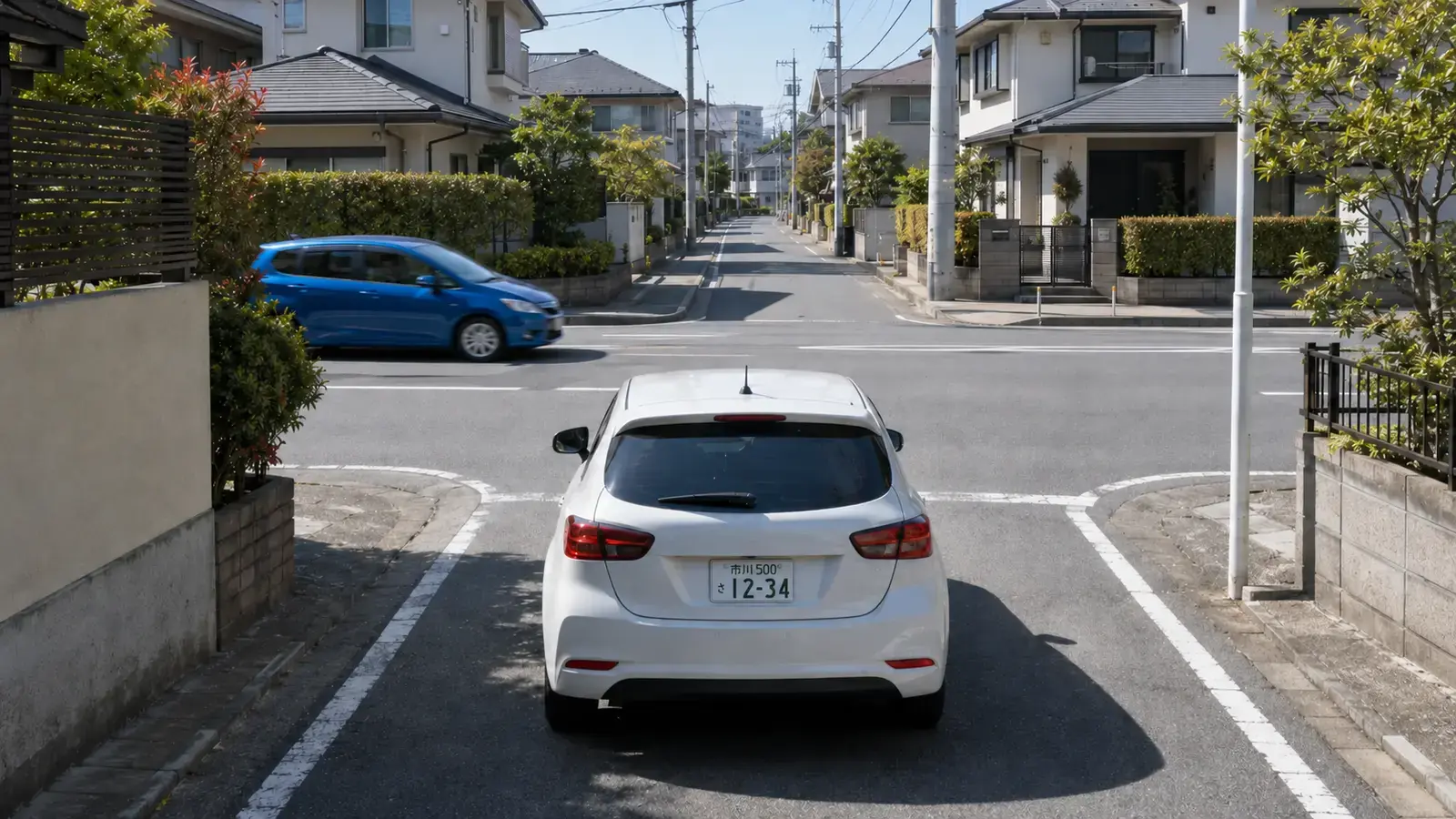 優先道路と非優先道路を見分けながら住宅街の交差点で待つ市川ナンバーの車