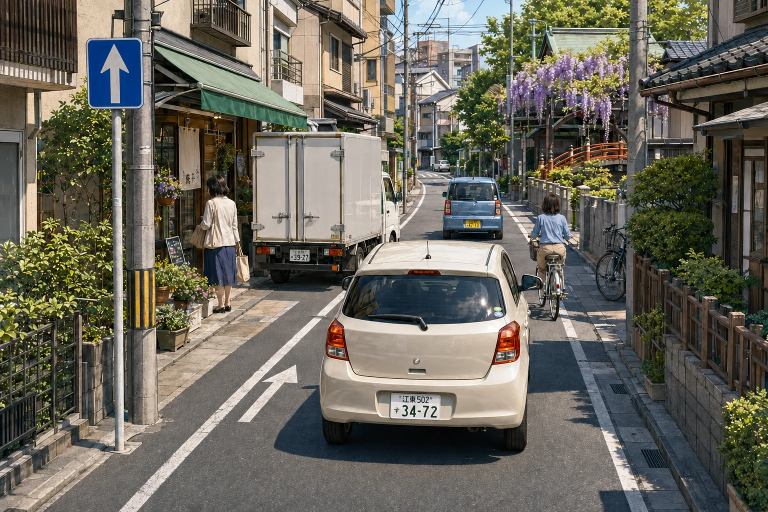 一方通行の生活道路を走る江東ナンバーの車と自転車、停車中の配送車