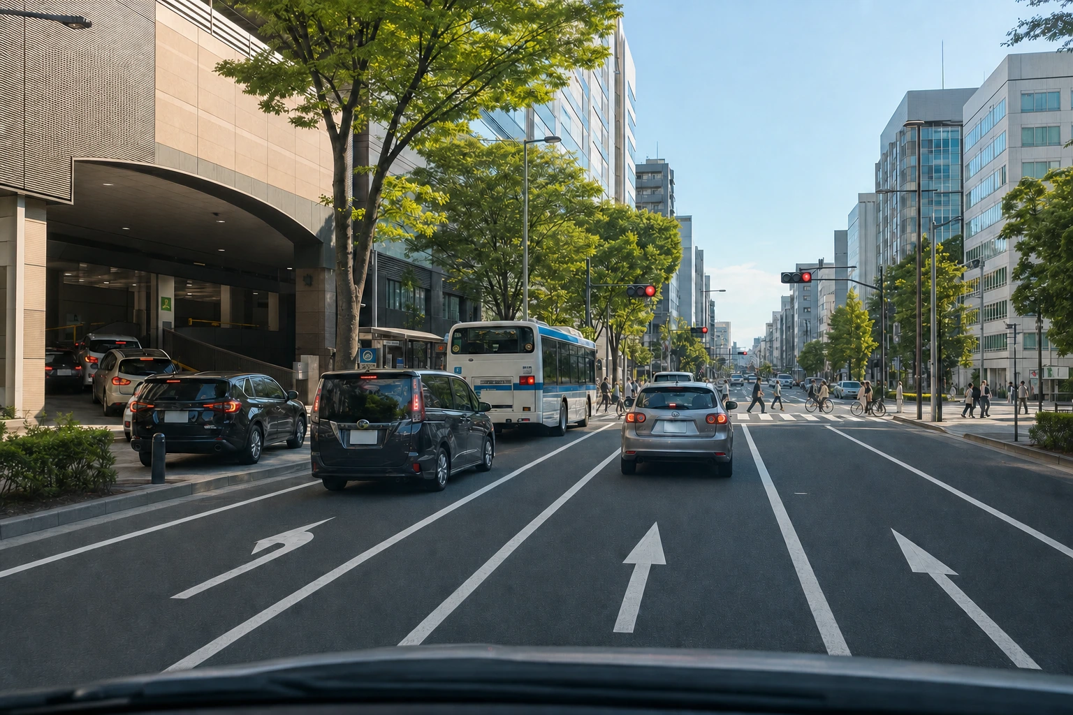 木場・東陽町の商業施設周辺で、駐車場へ入る車列と路線バス、横断歩道の歩行者を確認する場面