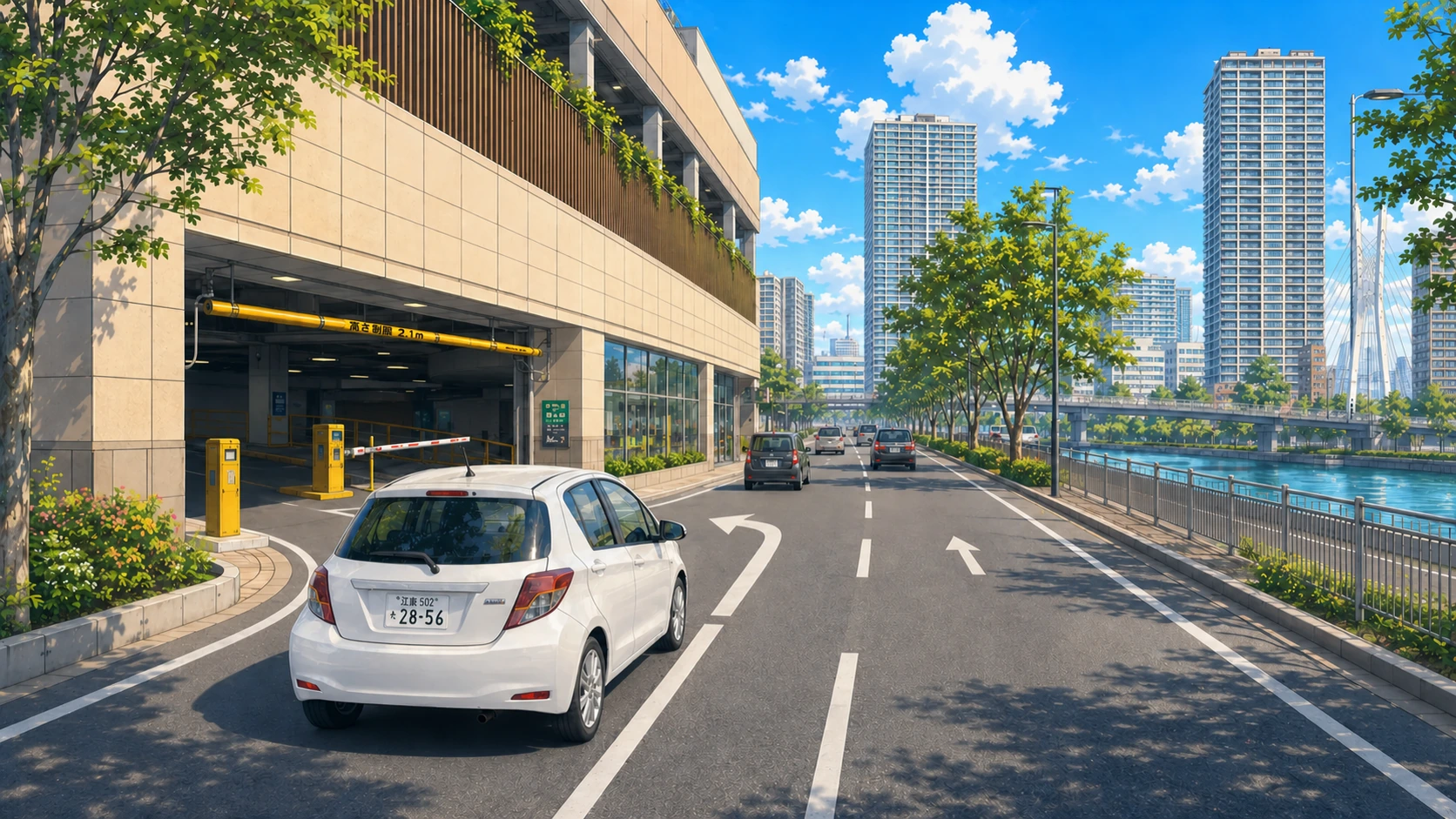 運河と高層住宅が見える江東区の道路から大型商業施設の駐車場へ向かう江東ナンバーの白い車