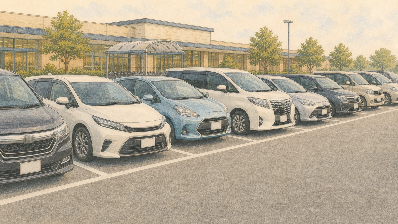 スーパーの駐車場で、バック駐車した車のフロントが一列に並ぶイラスト