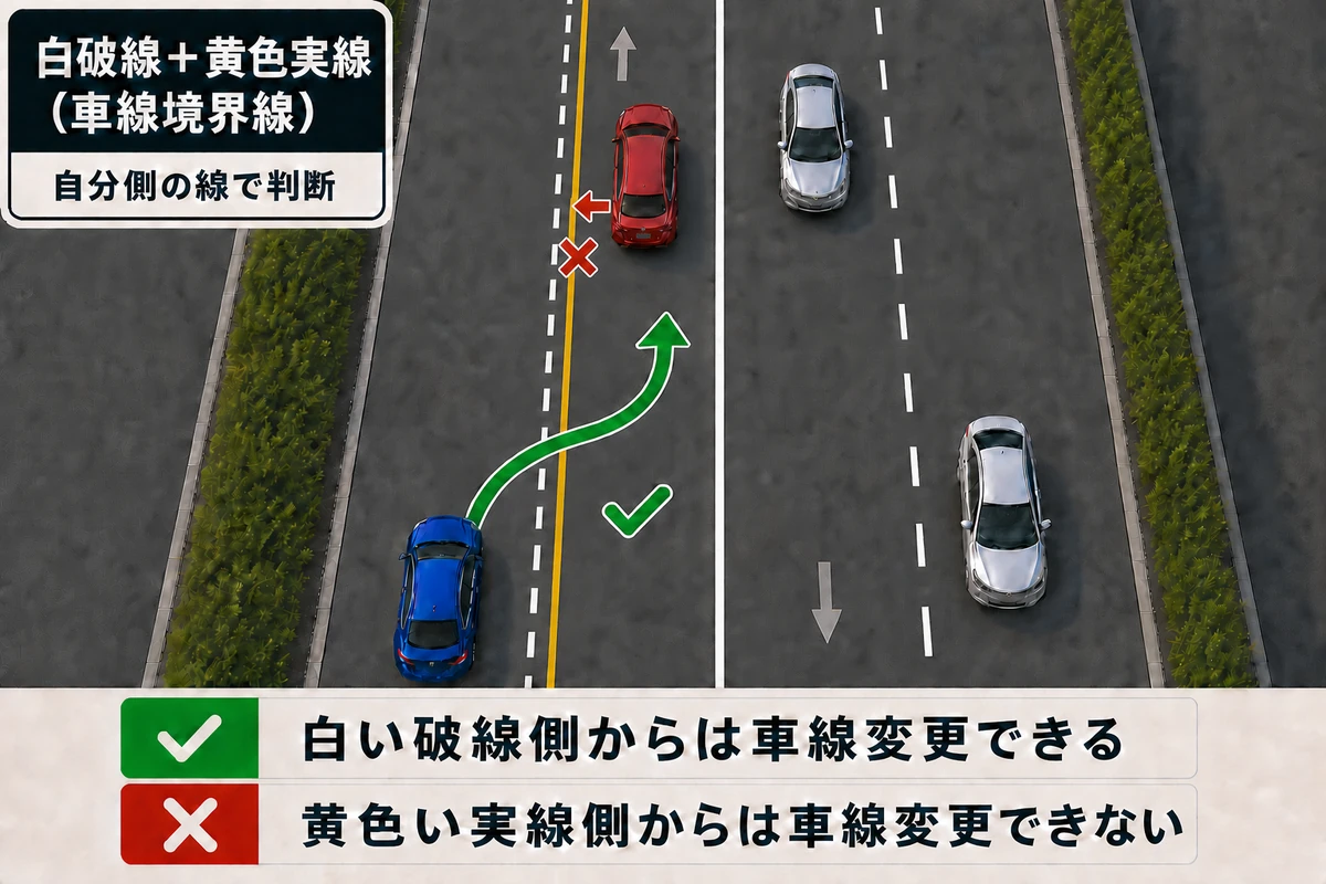 白い破線側からは車線変更でき、黄色い実線側からは車線変更できない片側二車線道路