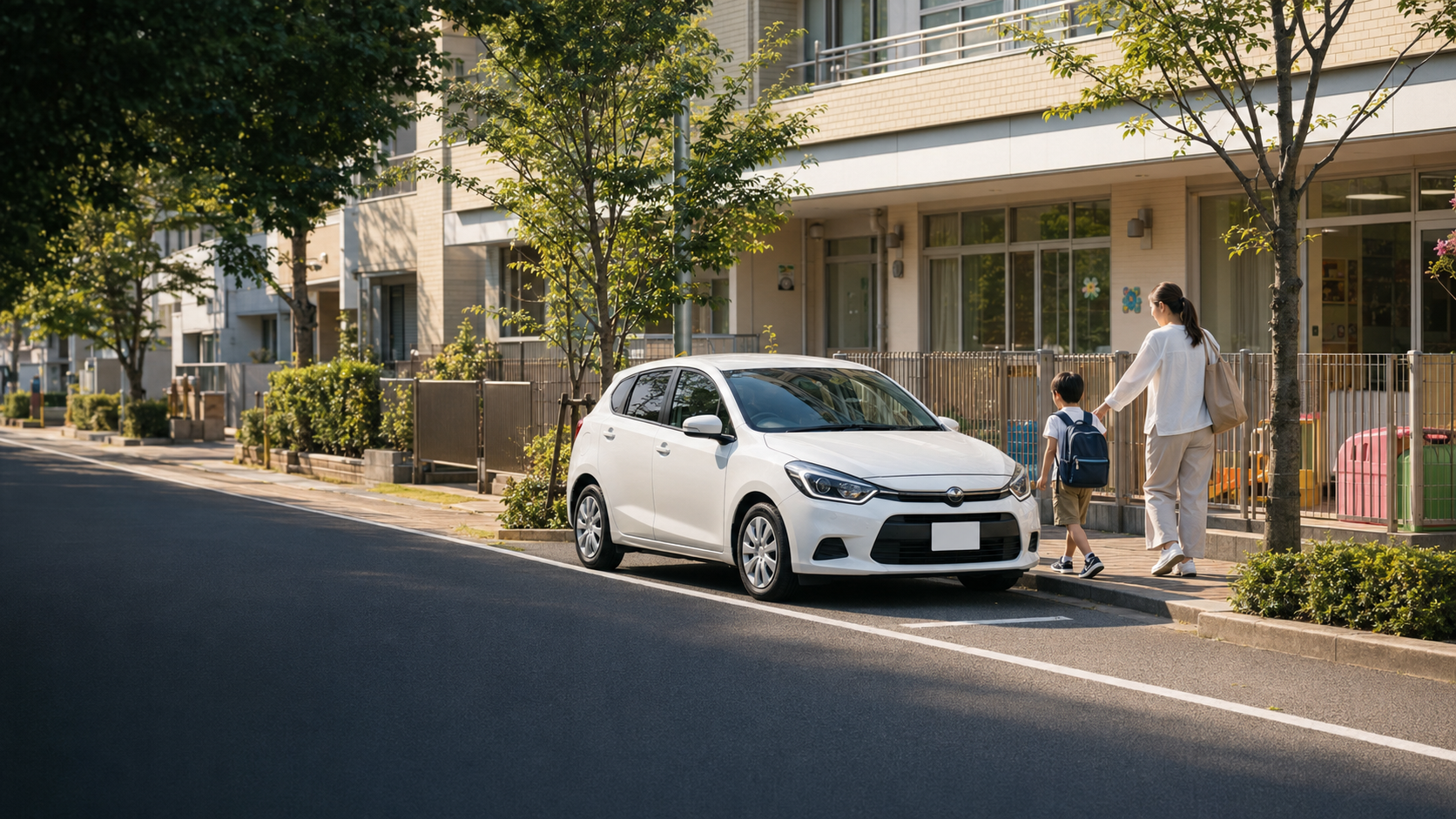 送迎先で子どもと保護者が車のそばを歩く生活ルートの場面