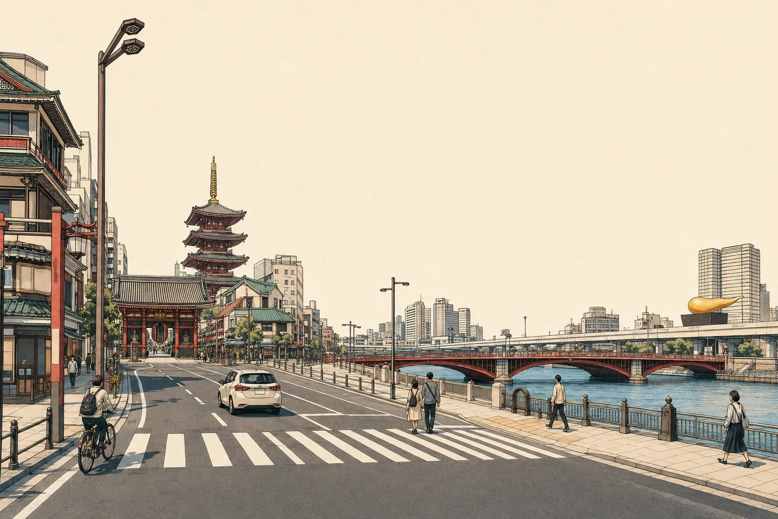 浅草寺、隅田川、駒形橋と対岸の金色のオブジェを描いたイラスト