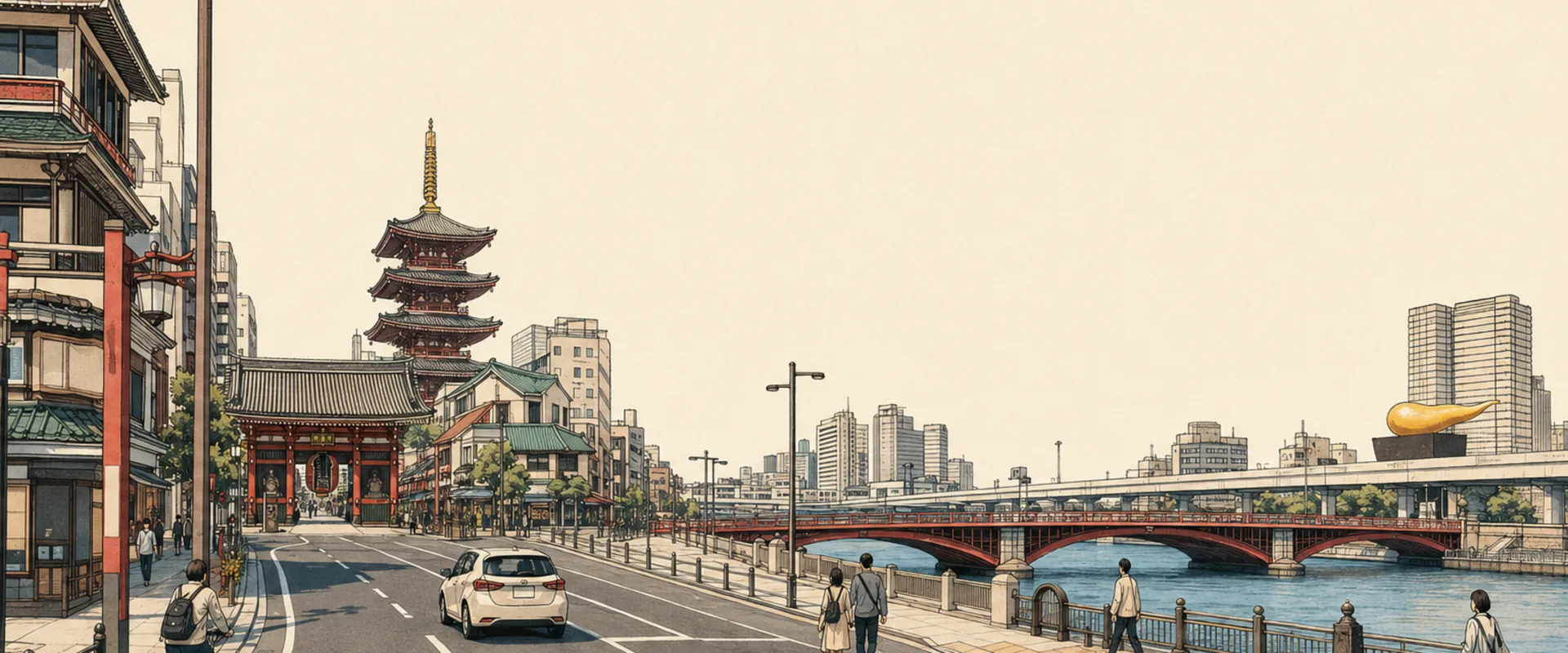 浅草寺、隅田川、上野の街を描いた台東区のイラスト