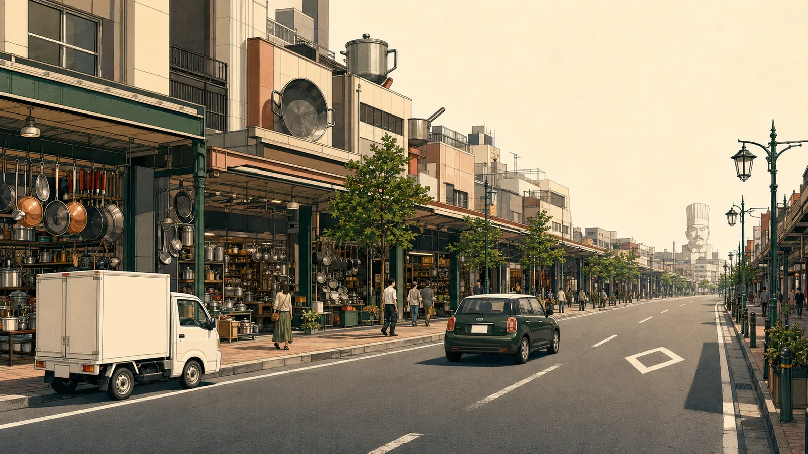 かっぱ橋道具街と路上駐車の様子を描いたイラスト