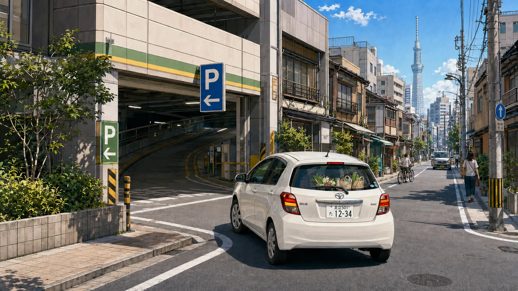 台東区の街から買い物先の駐車場へ入る車を描いたイラスト