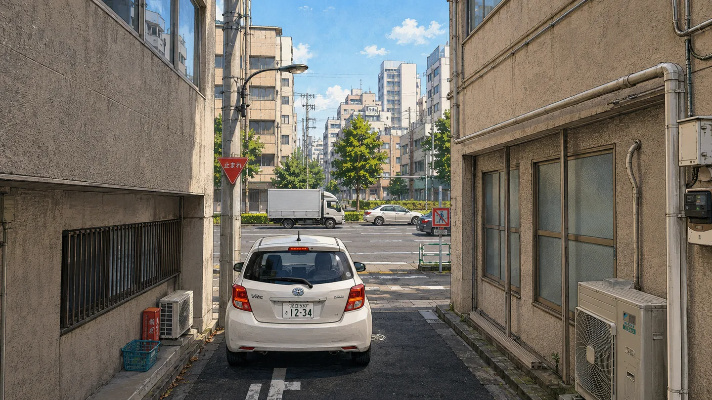 細い生活道路から交通量のある通りへ出る台東区の道路