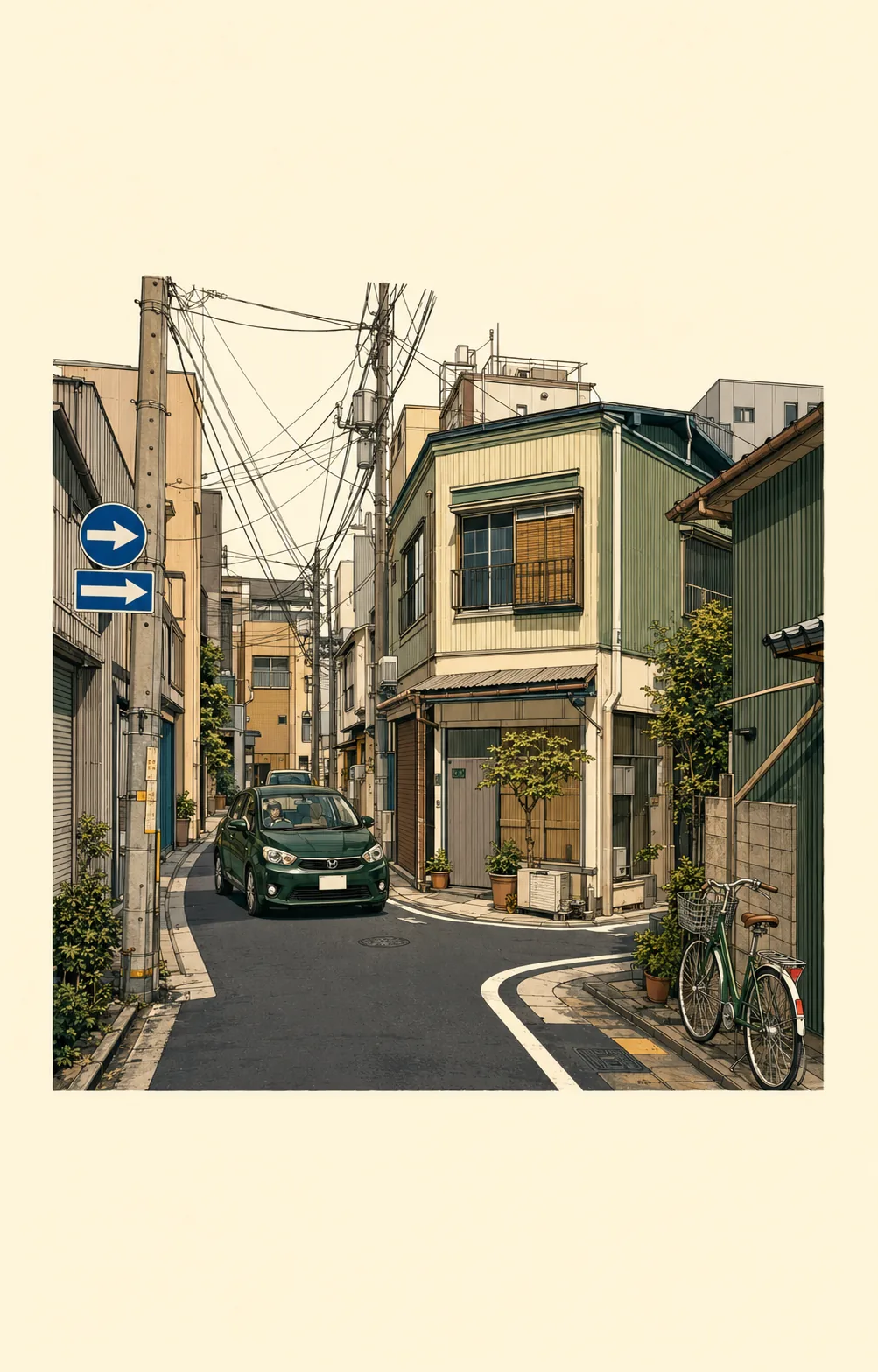 鳥越・三筋・小島周辺の狭い一方通行を描いたイラスト