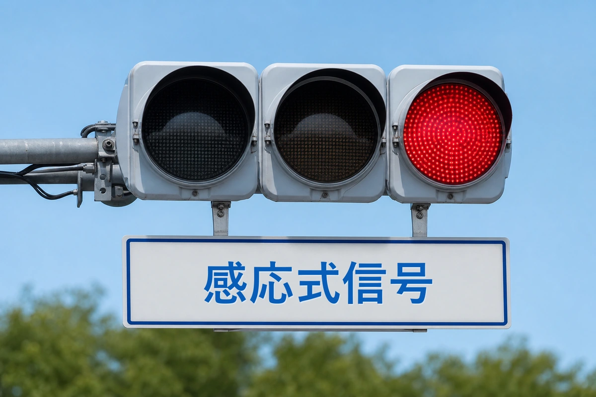 感応式信号の表示板が付いた赤信号点灯中の三灯式信号機