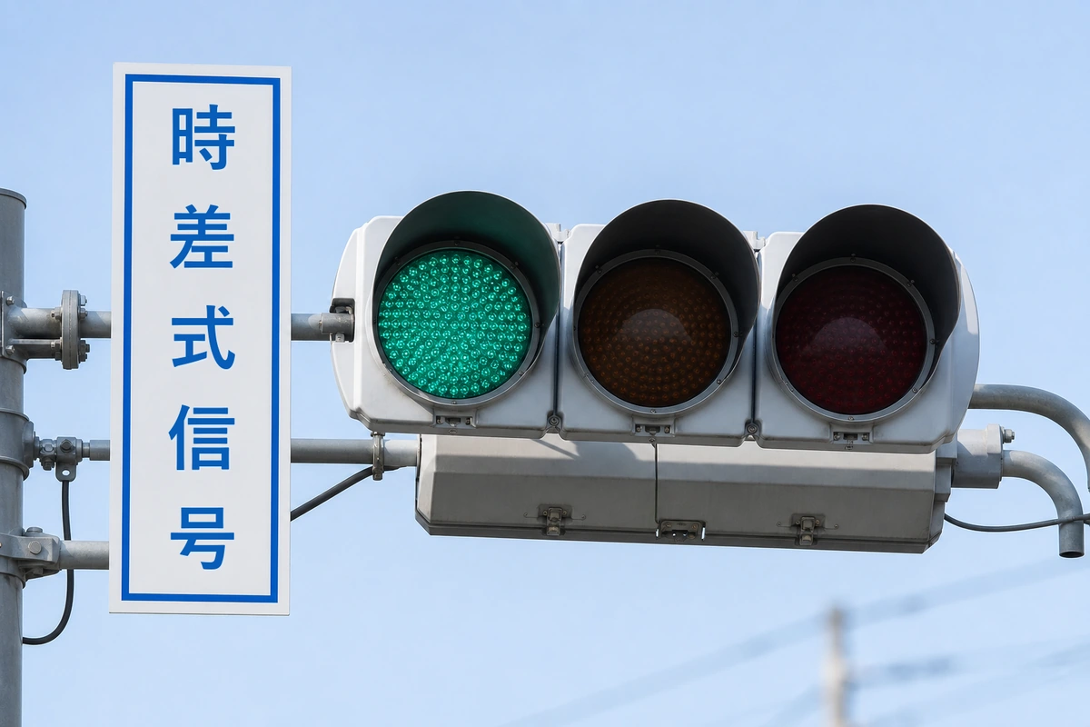 時差式信号の表示板が付いた青信号点灯中の三灯式信号機