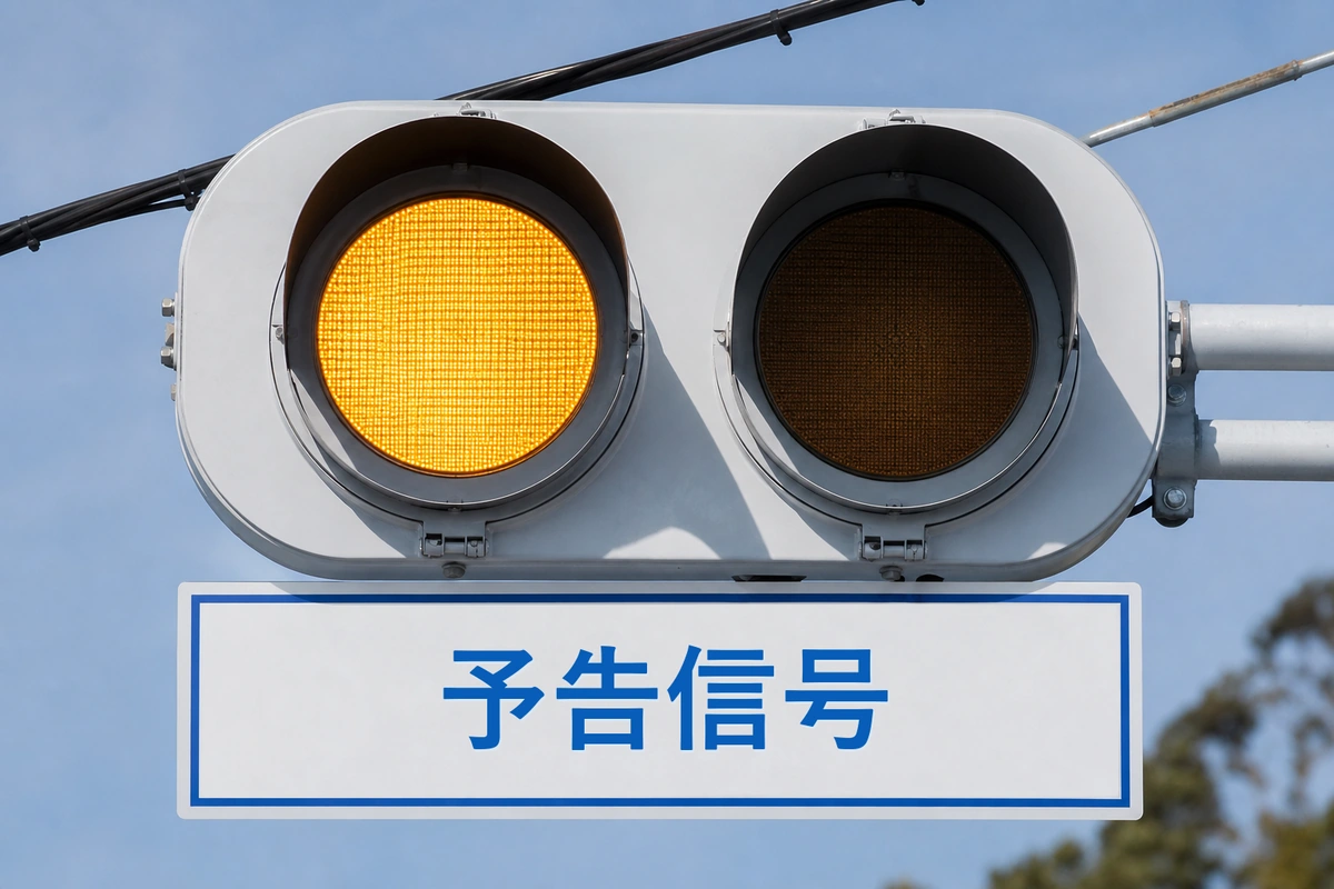 予告信号の表示板が付いた黄色灯点灯中の二灯式信号機