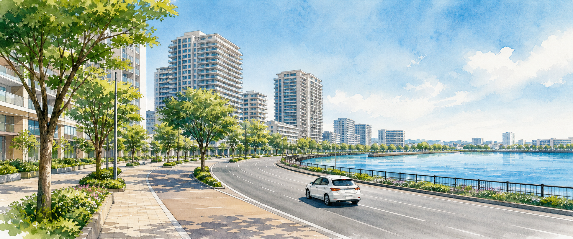 新浦安の水辺と高層住宅に沿う広い道路を走る車のイラスト