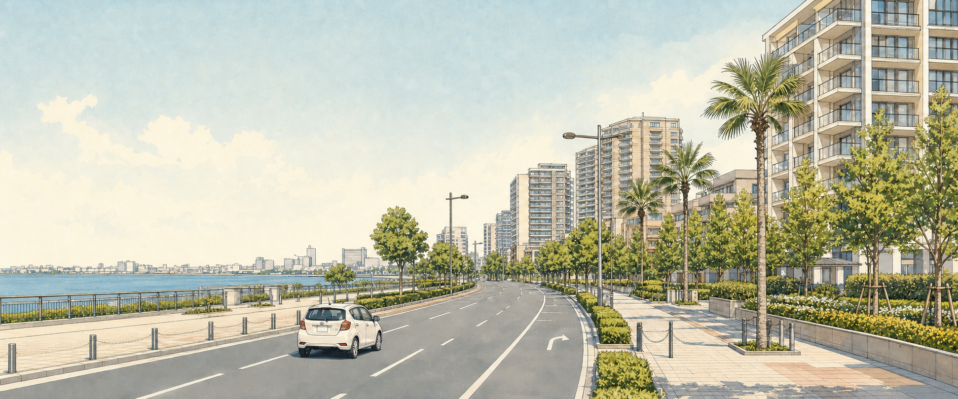 新浦安の広い道路と高層住宅、湾岸の水辺を走る白い車を描いた浦安市のイラスト