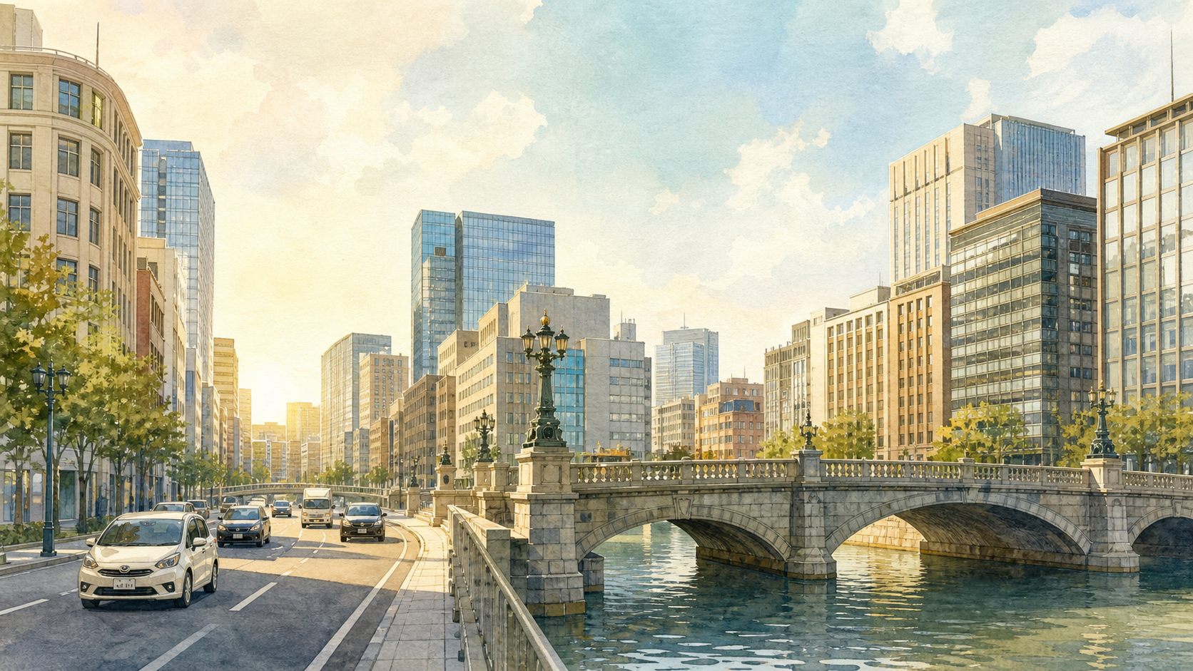 日本橋と川沿いの道路、中央区の街並みを描いた運転ガイドイラスト