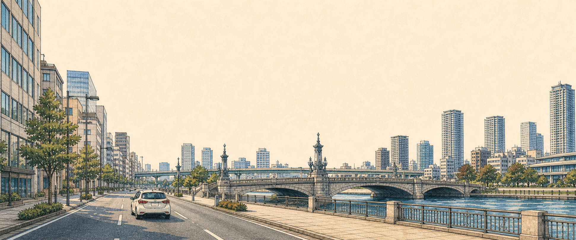 日本橋の街並みと中央区の道路を走る白い教習車