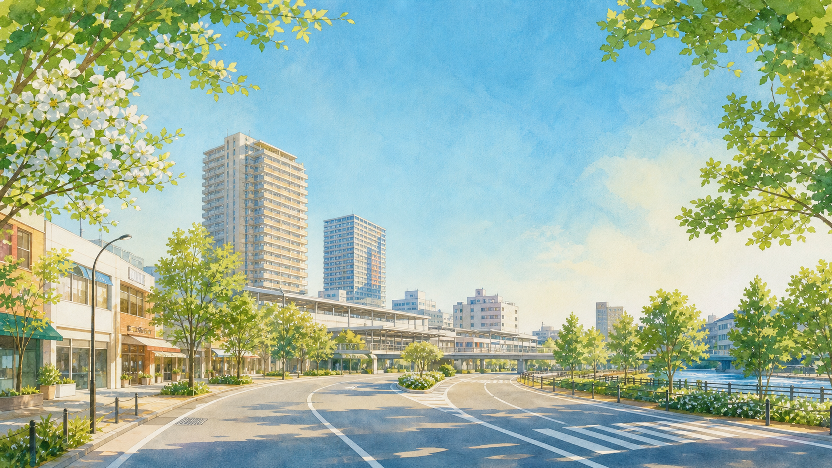 市川市の駅前と水辺を描いた運転ガイドのヒーローイメージ