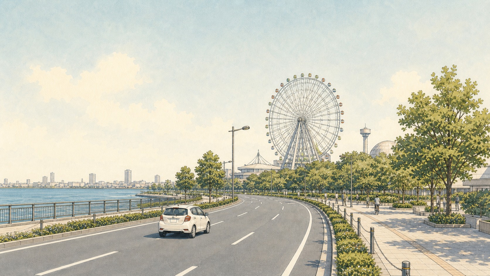 葛西臨海公園の観覧車と東京湾沿いの道路を描いた江戸川区の水彩イラスト