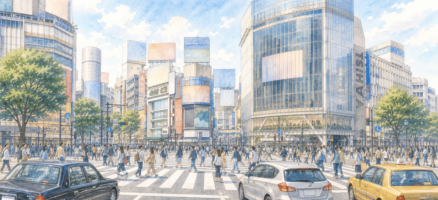 渋谷区の街並みと道路を描いた運転ガイドイラスト