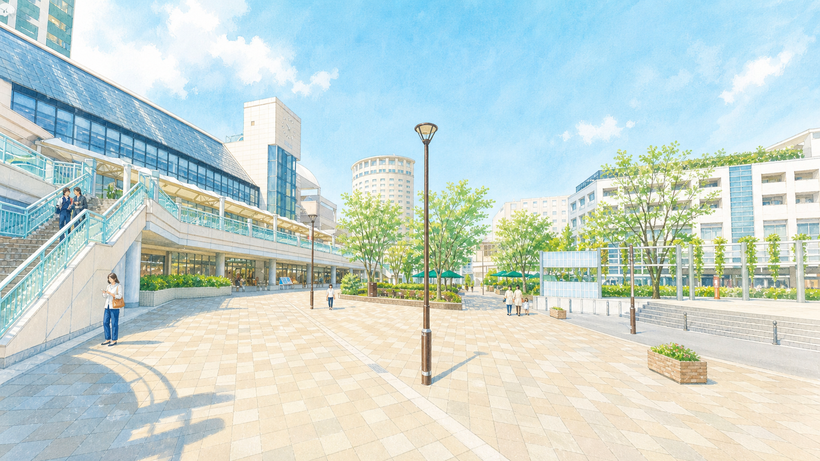 新浦安の駅前広場と商業施設周辺の街並み