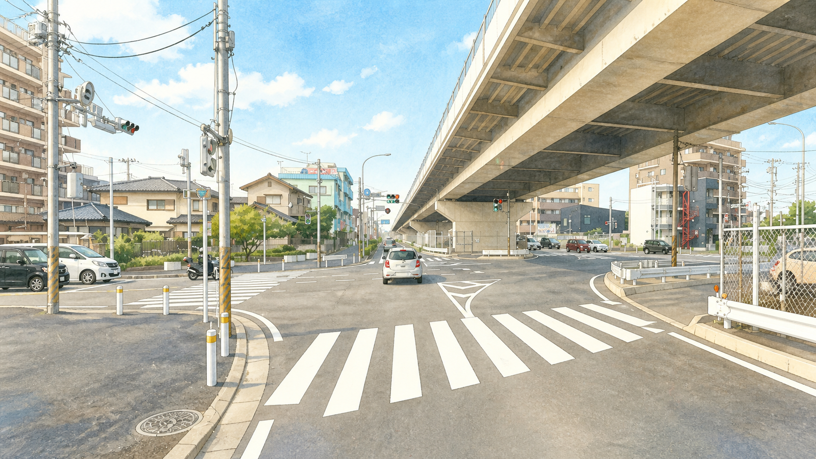 船橋の高架道路下にある交差点と横断歩道