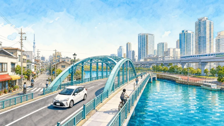 橋と運河を越えて江東区の道路を走る白い教習車のイラスト