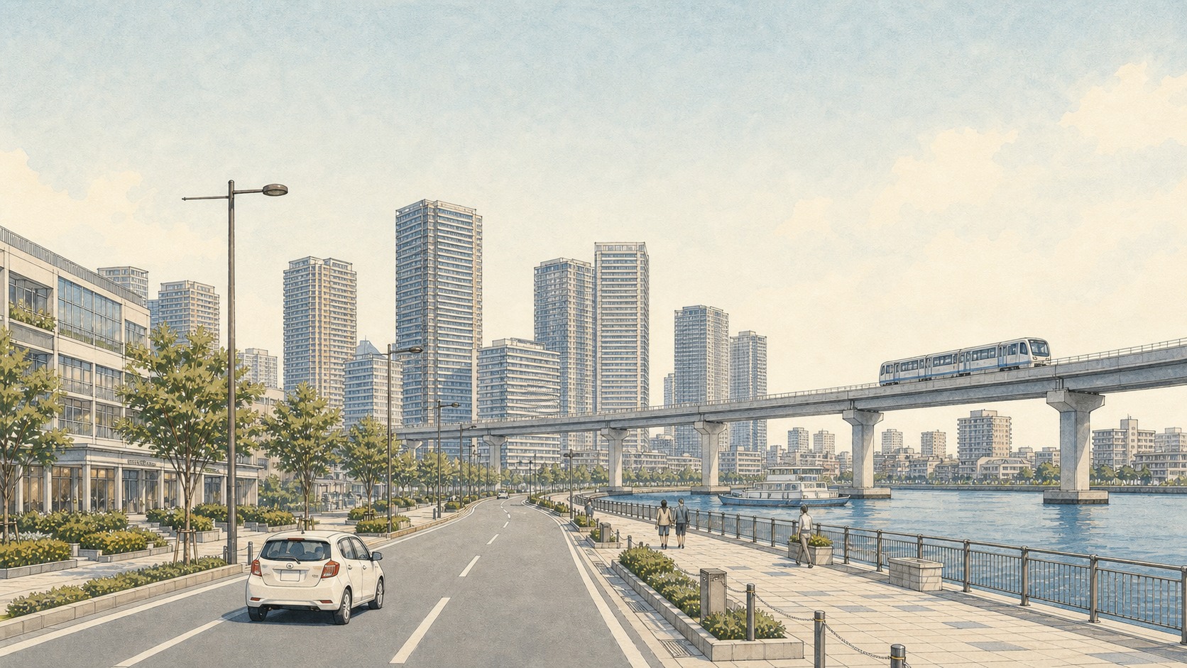 豊洲の高層街と水辺、ゆりかもめ沿いの道路を描いた江東区の水彩イラスト