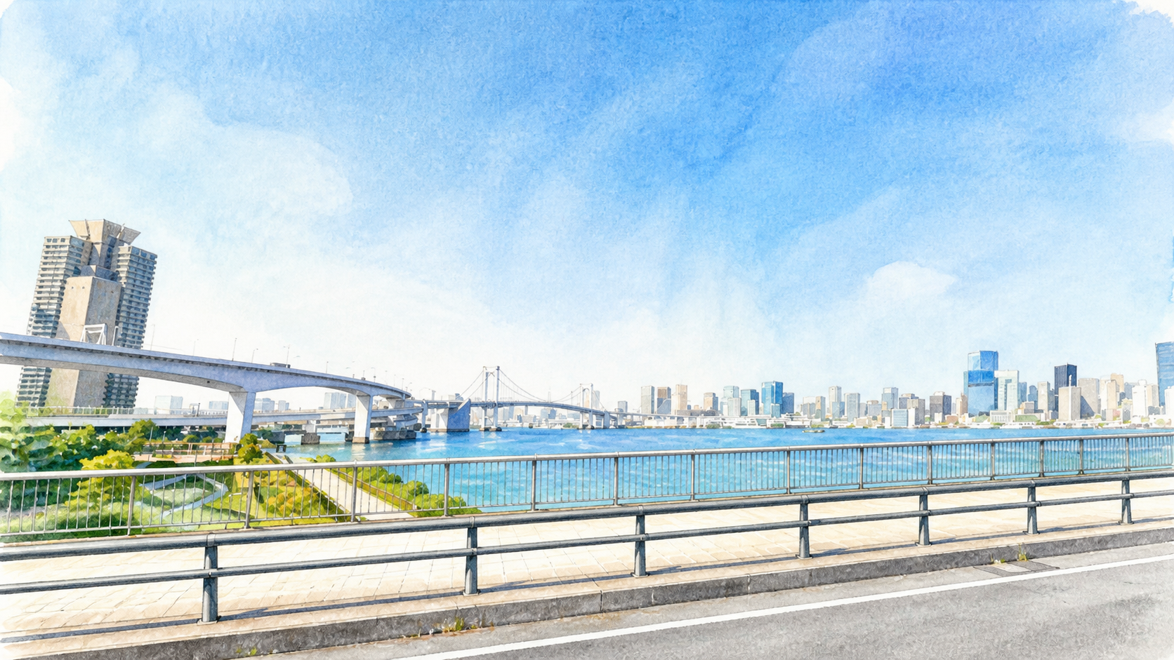 江東区の湾岸道路と高架を描いた運転ガイド用イラスト