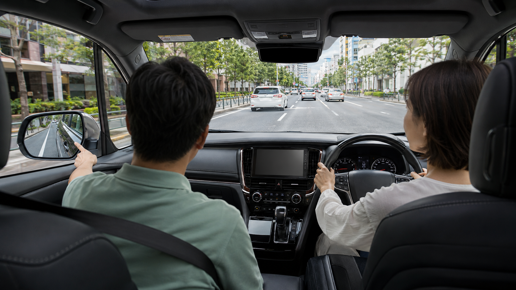 ヴェルファイアの左サイドミラーを確認しながら車幅感覚を練習