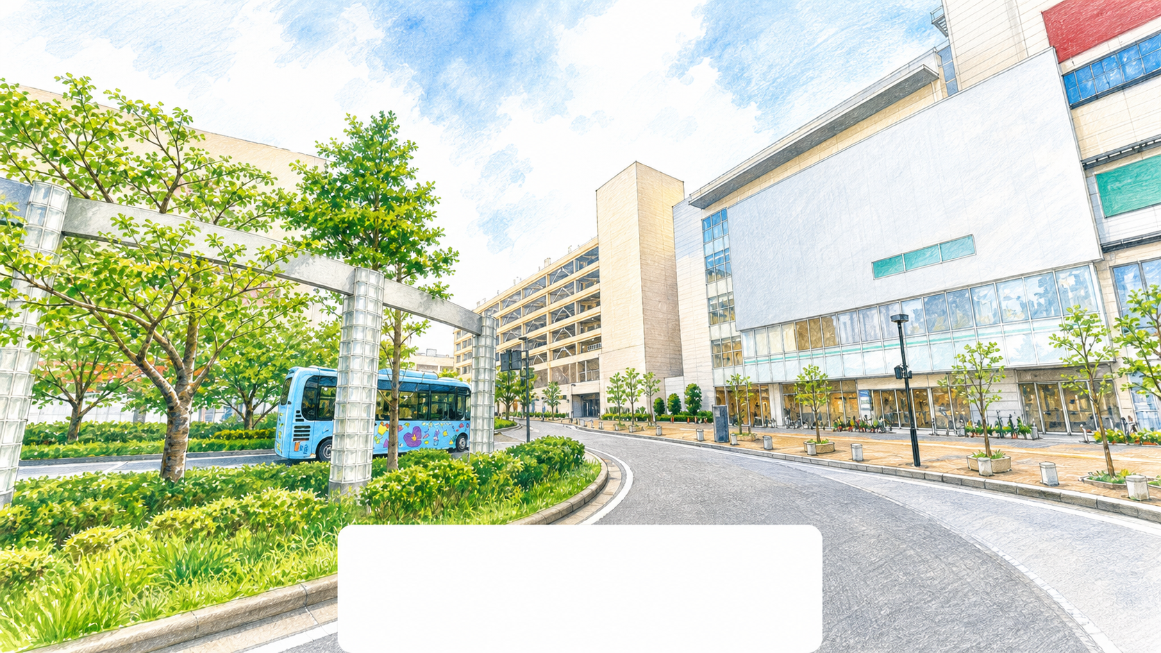 妙典駅周辺の商業施設と道路を描いた運転ガイド用イラスト
