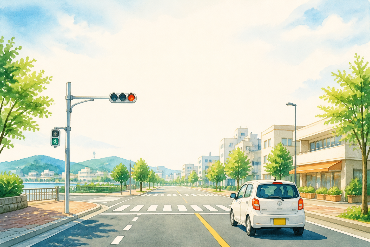 信号機と横断歩道のある日本の交差点を走る白いコンパクトカー