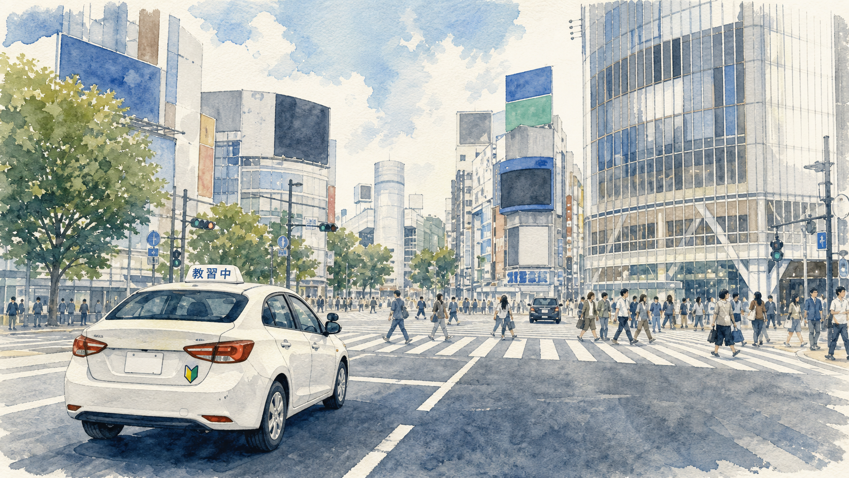 渋谷スクランブル交差点の街並みで行うペーパードライバー講習