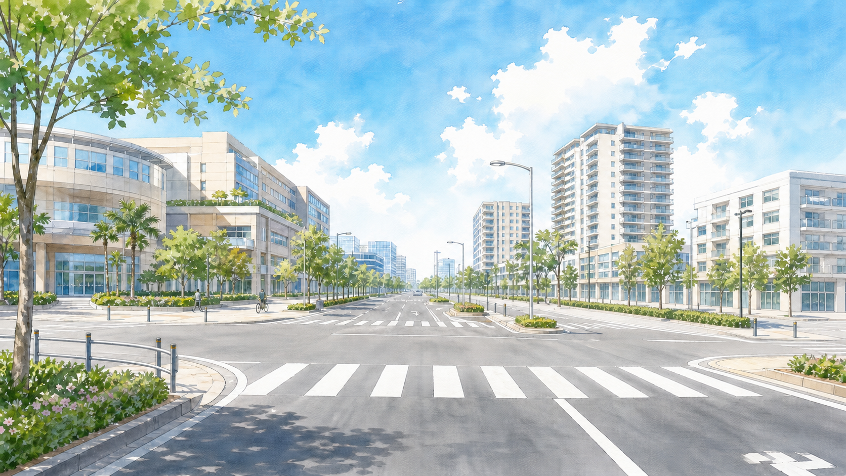 新浦安の街並みと道路を描いたイラスト